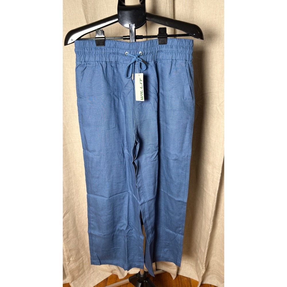 WILLIT Women's Large Blue Linen Lyocell Pull On Pants 27" Inseam NWT